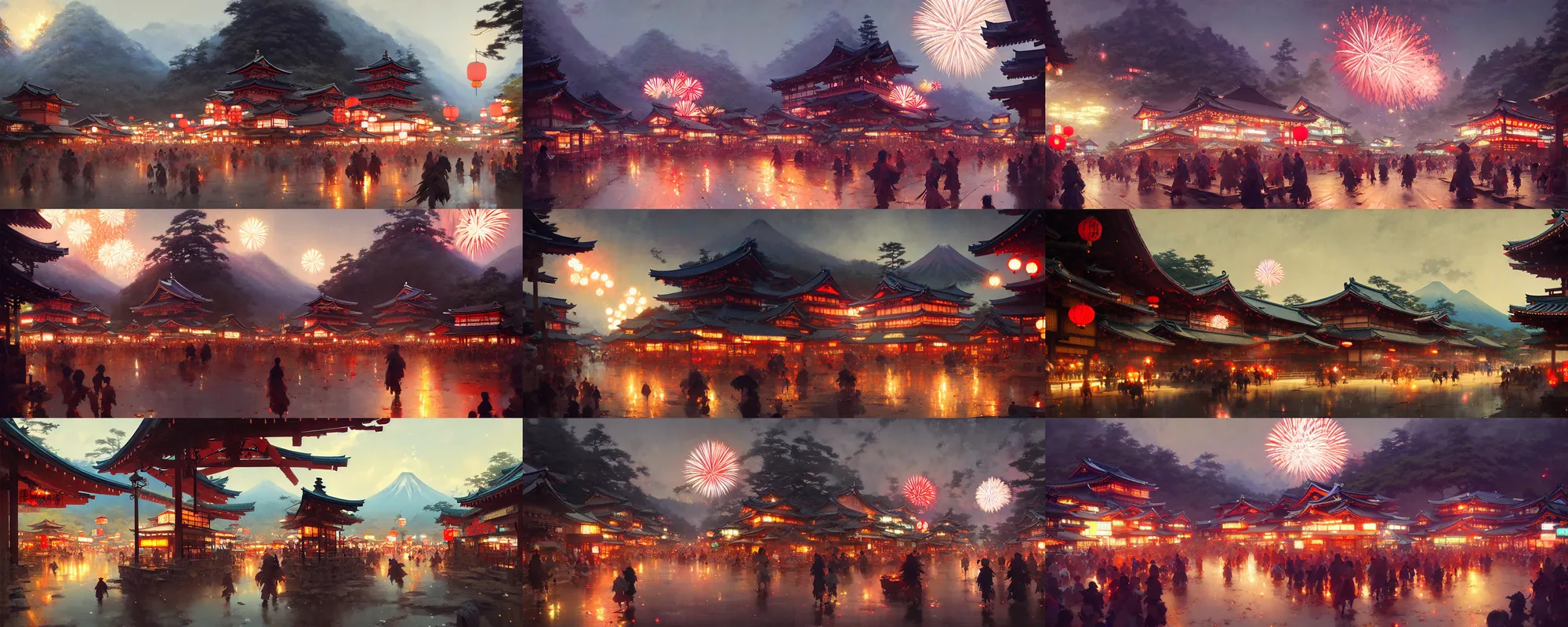 Prompt: japanese mountain countryside small town, amusement stalls, summer festival night, fireworks, illustration, highly detailed, digital painting, concept art, matte, art by ruan jia and wlop and greg rutkowski and makoto shinkai, masterpiece