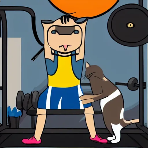 Prompt: the cat trainer looks at the man as he works out in the gym, vector style