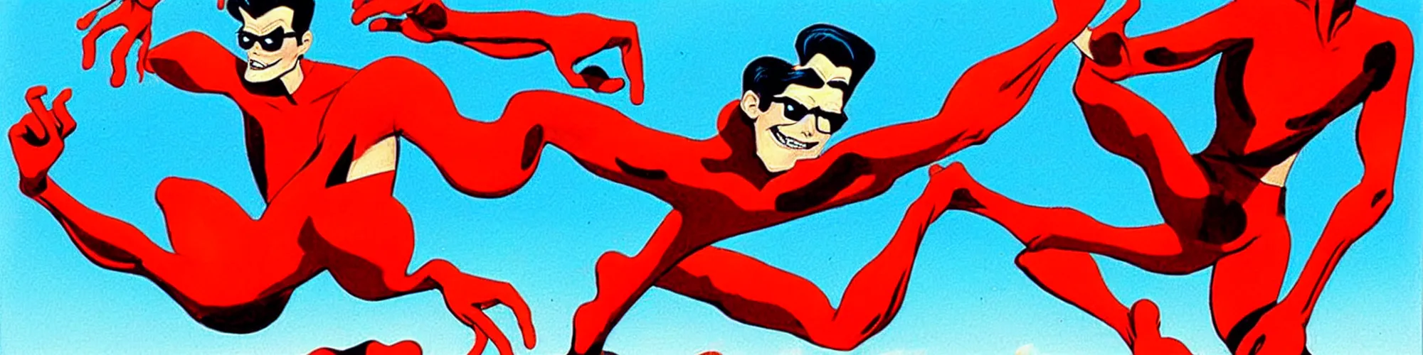 Prompt: plasticman showing off his weird limbs illustrated by todd mcfarlane with very long hands and arms and fingers and legs and feet twirling and twisting around on a very sunny day in another dimension, funny, silly