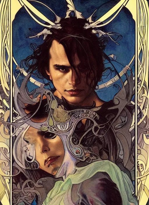 Prompt: striking sensual gorgeous sci - fi art nouveau portrait of frank dillane as the dark god by michael kaluta, chris achilleos and alphonse mucha, photorealism, extremely hyperdetailed, perfect symmetrical facial features, perfect anatomy, ornate declotage, weapons, circuitry, high technical detail, determined expression, piercing gaze