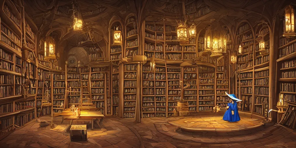 Prompt: vast library, bookshelves, wooden banks, wooden tables, mosaic stone floor, passages, rat wizard, wizard hat, old wizard robe, cel shading, 3 d art, 3 d cg, digital painting, celestial, majestic, cinematic light, candles, chandelier, lanterns, soft light