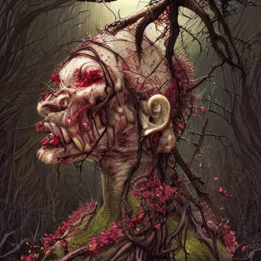 Prompt: a nature portrait of a p - zombie!!! lots of leaves and roots and cherry blossoms. natural lighting art dawn. highly detailed. colourful. moody. artstation, 4 k, horror, by gerald brom and ansel adams and studio ghibli, horror!!!, sakura flowers, lovely