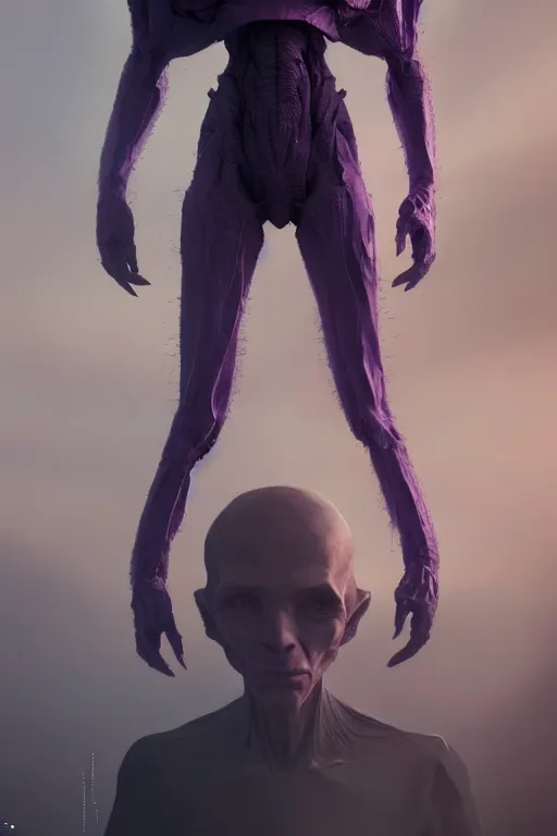 Image similar to portraint of a purple alien, greg rutkowski, 3 d render, 8 k, intricate, hyper realistic, mysterious, interstellar