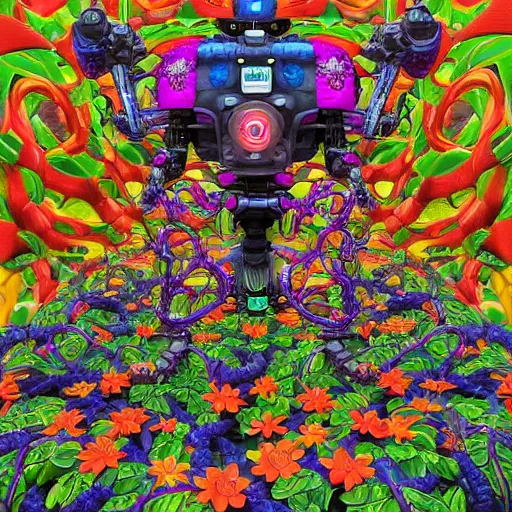 Image similar to colourful vfx art - portrait of army mecha robot wrapped in flowers & vines, art by utagawa kunisada & tadanori yokoo, volumetric light, ray tracing, sharp, detailed, digital painting, illustration, highly detailed, intricate detail, unreal engine, octane render, pinterest, behance, art station,