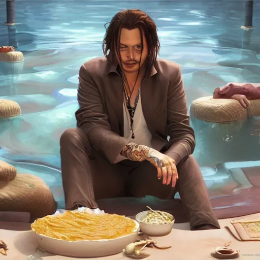 Prompt: johnny depp in a pool full of chip dip, ultra high detailed, oil painting, greg rutkowski, charlie bowater, yuumei, yanjun cheng, unreal 5, daz, hyperrealistic, octane render, rpg portrait, dynamic lighting