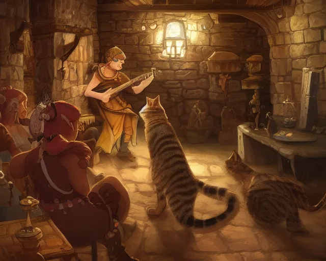 Prompt: a tabaxi (cat person) playing a lute in a full tavern, color dnd illustration, in the style of marc simonetti and james gurney, trending on artstation.