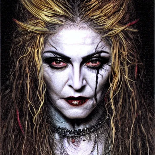 Prompt: head and shoulders portrait of an evil, black - skinned night hag portrayed by madonna, d & d, fantasy, luis royo, magali villeneuve, donato giancola, wlop, krenz cushart