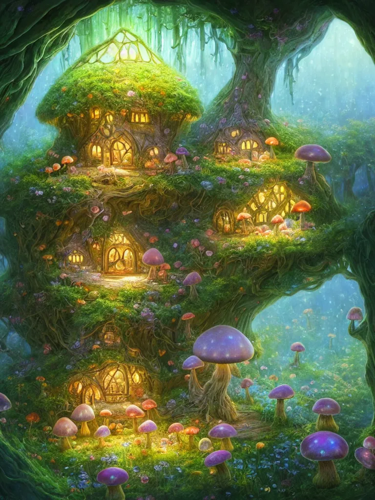 Prompt: the interior of a celestial dainty fairy cottage in a bioluminescent tree trunk decorated beautifully, lots of cute fairy design elements like toadstool mushrooms, warm sunlight shining in, lots of plants and flowers, concept art 8 k resolution, fantasy illustration, sharp focus, detailed painting, intricate, and deep color, by gediminas pranckevicius