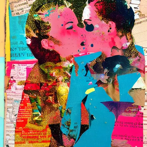 Prompt: two women kissing at a carnival, mixed media collage, retro, paper collage, magazine collage, acrylic paint splatters, double exposure,