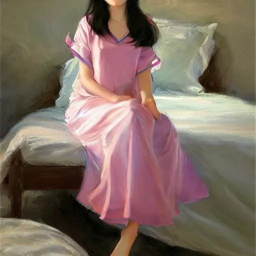 Prompt: Korean girl in nightgown, painting by Vladimir Volegov,