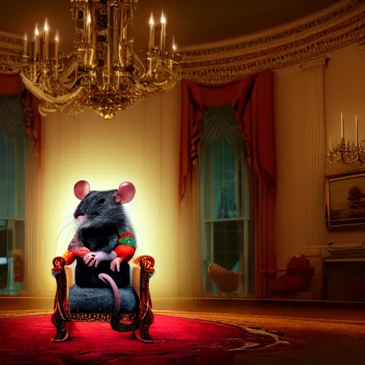 Image similar to A rat siting on a throne in the white house. Cinematic lighting, bright colors.