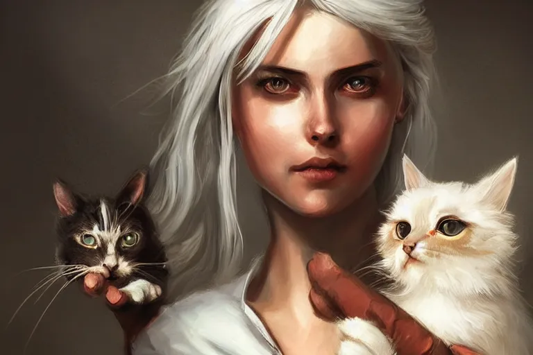 Prompt: Ciri holding a cat, beautiful lighting, expressive oil painting, trending on artstation, digital art