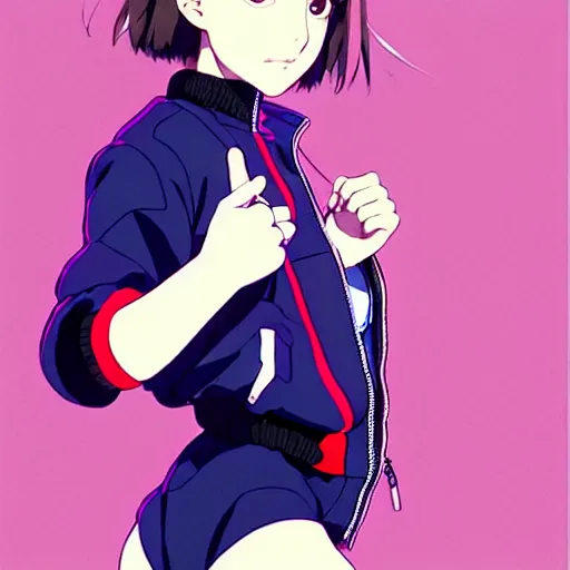 Image similar to a beautiful! boyish! natalie portman alluring gravure! model, wearing oversized mayan bomber jacket and leotard with overalls, bulky poofy bomber jacket with mayan patterns, gapmoe yandere grimdark, trending on pixiv fanbox, painted by greg rutkowski makoto shinkai takashi takeuchi studio ghibli, akihiko yoshida