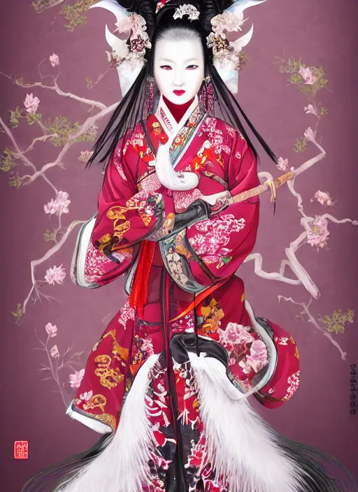 Image similar to full body portrait of a female kitsune peking opera actress by wlop, wuxia, xianxia, kitsune, fox, nine - tailed fox, peking opera, lithe, absurdly beautiful, detailed, realistic, anatomically accurate, fantasy illustration, artstation, wlop, 4 k.