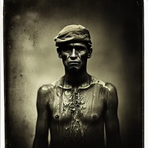 Image similar to A wet-collodion portrait of a man who comes back from a horrific war, he stares into the distance as his eyes show glimmers of hope, depth of field, 50mm lens, studio lighting, high contrast