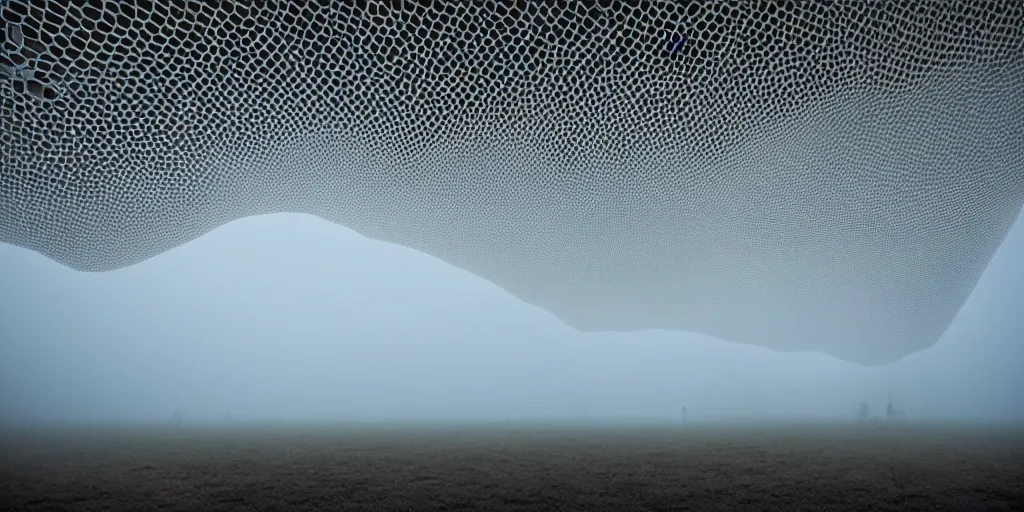 Prompt: white honeycomb organic illuminated building with warm illumination inside by ernesto neto sits on the field evening atmosphere in low fog, 4 k, insanely quality, highly detailed, film still from the movie directed by denis villeneuve with art direction by zdzisław beksinski, telephoto lens, shallow depth of field