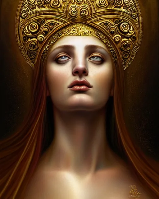 Image similar to portrait of the beautiful young aphrodite's goddess, unusual beauty, esoteric, outher worldly colours, head in focus, fantasy art, ornamental, intricate, elegant, highly detailed hyperrealistic painting, artstation, concept art, painterly, golden ratio, sharp focus, illustration, art by tomasz alen kopera