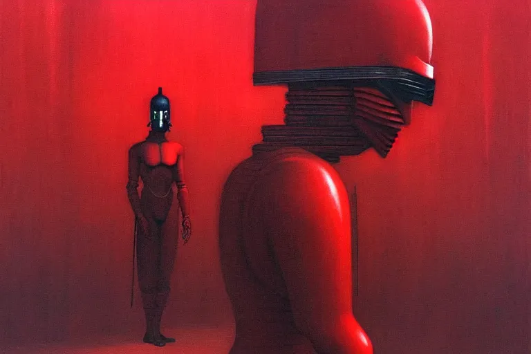 Image similar to only with red, a red samurai humanoid, tokio futuristic in background, yokai, in the style of beksinski, parts by edward hopper, parts by rodcenko, parts by yue minjun, intricate and epic composition, red by caravaggio, insanely quality, highly detailed, masterpiece, red light, artstation, 4 k