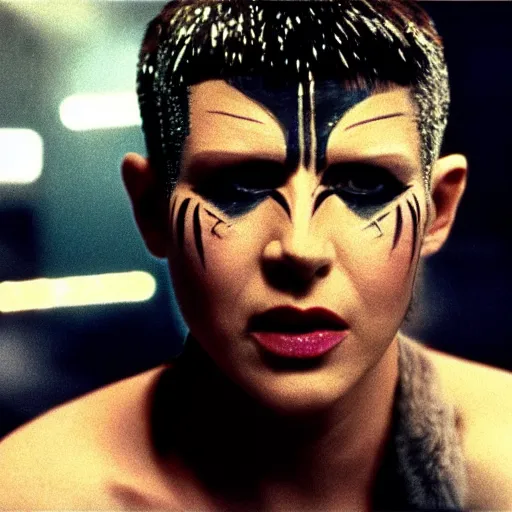 Prompt: cinematic portrait of a runaway replicant with tribal facepaint in an empty room, still from the movie bladerunner