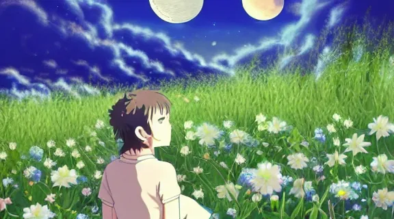 Image similar to Kokomi sitting in a field of Ghibli Clover | Big Moon at Blue Night | GLOWING FLOWERS | strong blue rimlit | visual-key | anime illustration | highly detailed High resolution | in the style of Anmi