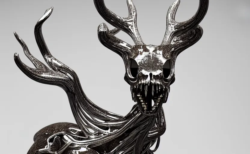 Image similar to stylized shiny polished silver statue full body extra limbs bizarre cosmic horror quadruped animal deer skull four legs made of marble of slug creature tendrils, perfect symmetrical body, perfect symmetrical face, hyper realistic, hyper detailed, by johannen voss, by michelangelo, octane render, blender, 8 k, displayed in pure white studio room