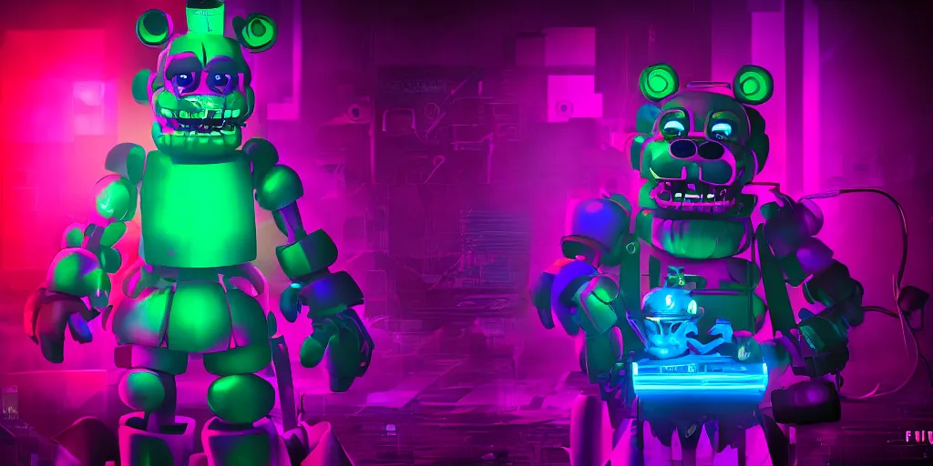 Prompt: fnaf freddy, cyberpunk, rgb, neon, hd, cinematic,