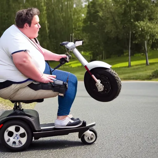 Prompt: incredibly morbidly obese american with severe diabetes riding on a ride - on - scooter