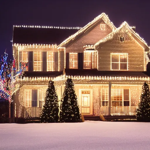 Prompt: a big wonderful house in the american suburbs decorated in christmas lights, shot from across the street, during the night, snow is falling to the ground