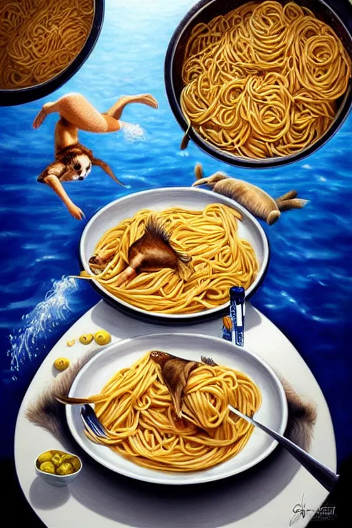 Image similar to olympic diving springoard, diver is diving head down into a dish of pasta, detailed realistic art, artgerm