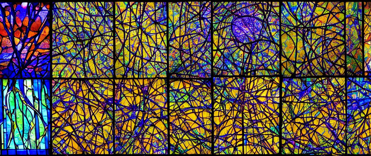 Prompt: neuron nerve cells with nucleus, dendrites, and axon, brainbow, gaudi, intricate stained glass, translucent cathedral window