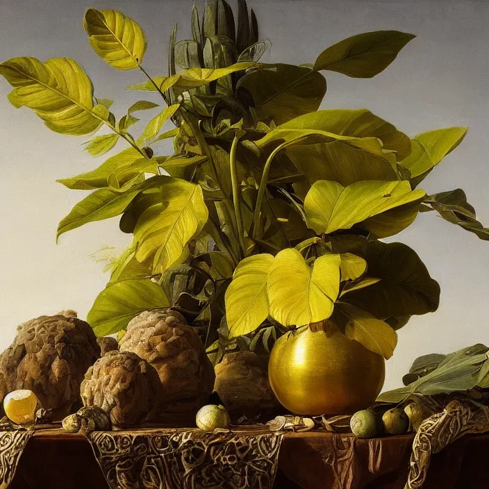 Prompt: still life painting of exotic alien plants by pieter claesz, oil on canvas, strong lighting, highly detailed, hyper realism, golden hour, god rays, hd, 4 k