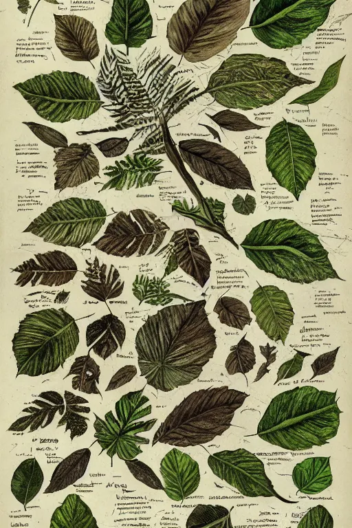 Image similar to scan of the leaves of an old cursed herbarium, by john howe, infographic, textbook, marginalia, cursed, alien