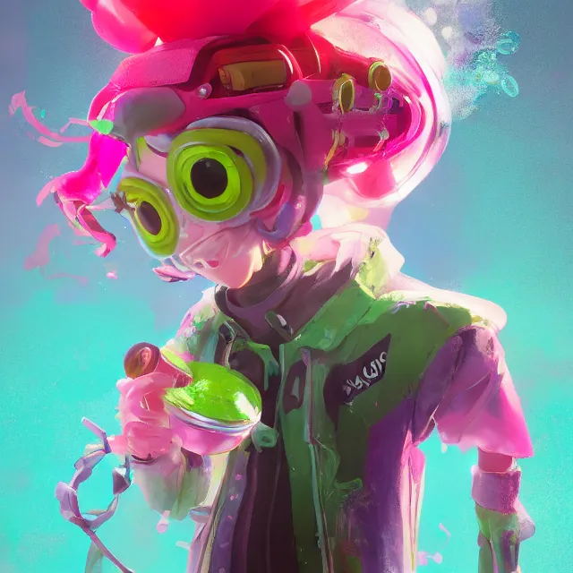 Image similar to a beautiful fullbody portrait of a cute splatoon anime boy with pink hairand green eyes. character design by cory loftis, fenghua zhong, ryohei hase, ismail inceoglu and ruan jia. artstation, volumetric light, detailed, photorealistic, fantasy, rendered in octane