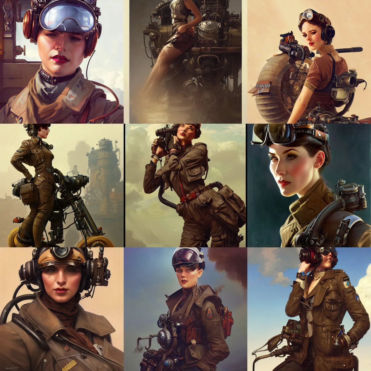 Prompt: dieselpunk pilot, portrait, highly detailed, digital painting, artstation, concept art, sharp focus, illustration, art by artgerm and greg rutkowski and alphonse mucha