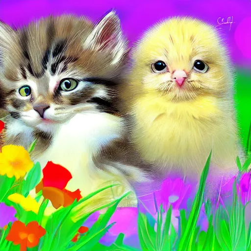 Prompt: Kitten cuddling with chick on flower meadow, sunny day, colorful digital art