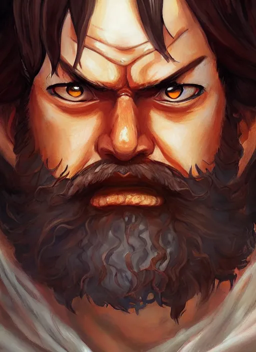 Image similar to luffy as fantasy style portrait painting of brown wavy hair beard rpg dnd oil painting unreal _ 5 _ daz. _ rpg _ portrait _ extremely _ detailed _ artgerm _ greg _ rutkowski _ greg