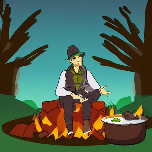 Prompt: A jojo character sitting at a campfire enjoying a bowl of soup at night in a forest, digital art, wide shot, low polygon