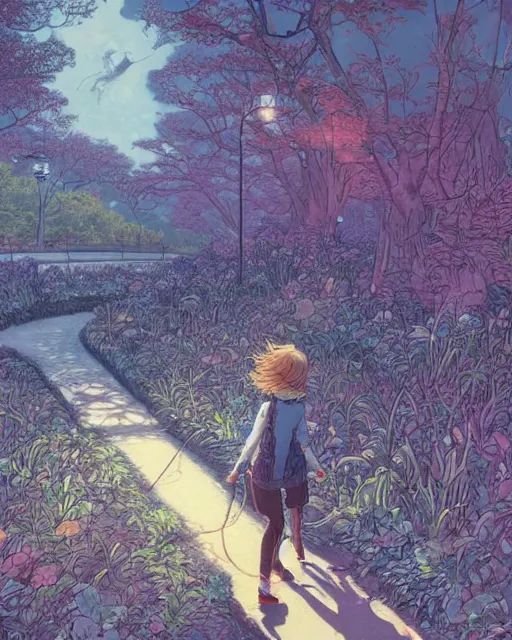 Image similar to a girl walking her small dog at the park, full shot, facing backwards, ambient lighting, detailed, art by ayami kojima, makoto shinkai, kilian eng