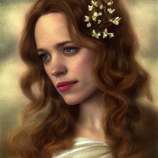 Prompt: rachel mcadams as an angel, detailed digital painting, pre - raphaelite, intricate