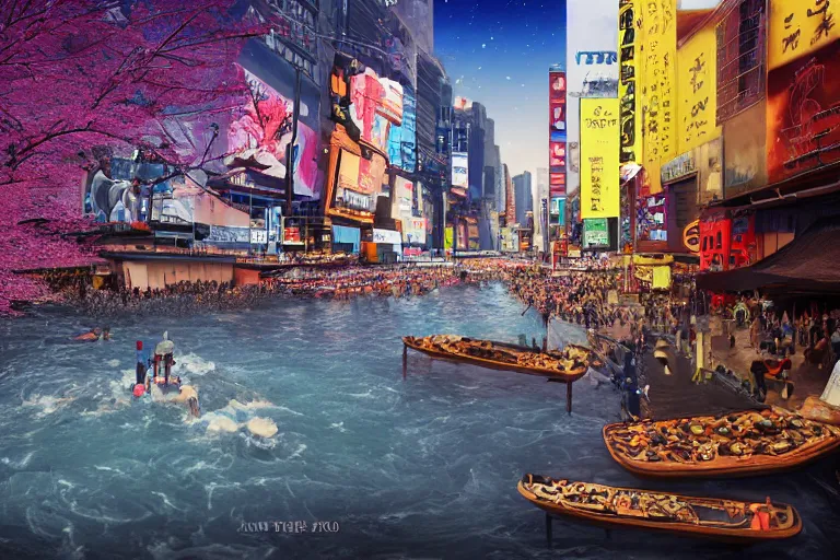 Image similar to floating markets of times square river in kyoto kamo gold river during sakura season on thermal waters flowing down gold travertine terraces during interstellar aurora borealis, royal blue waterfalls, vendors, festivals, fun, by peter mohrbacher, james jean, james gilleard, greg rutkowski, vincent di fate, rule of thirds, octane render, beautiful landscape