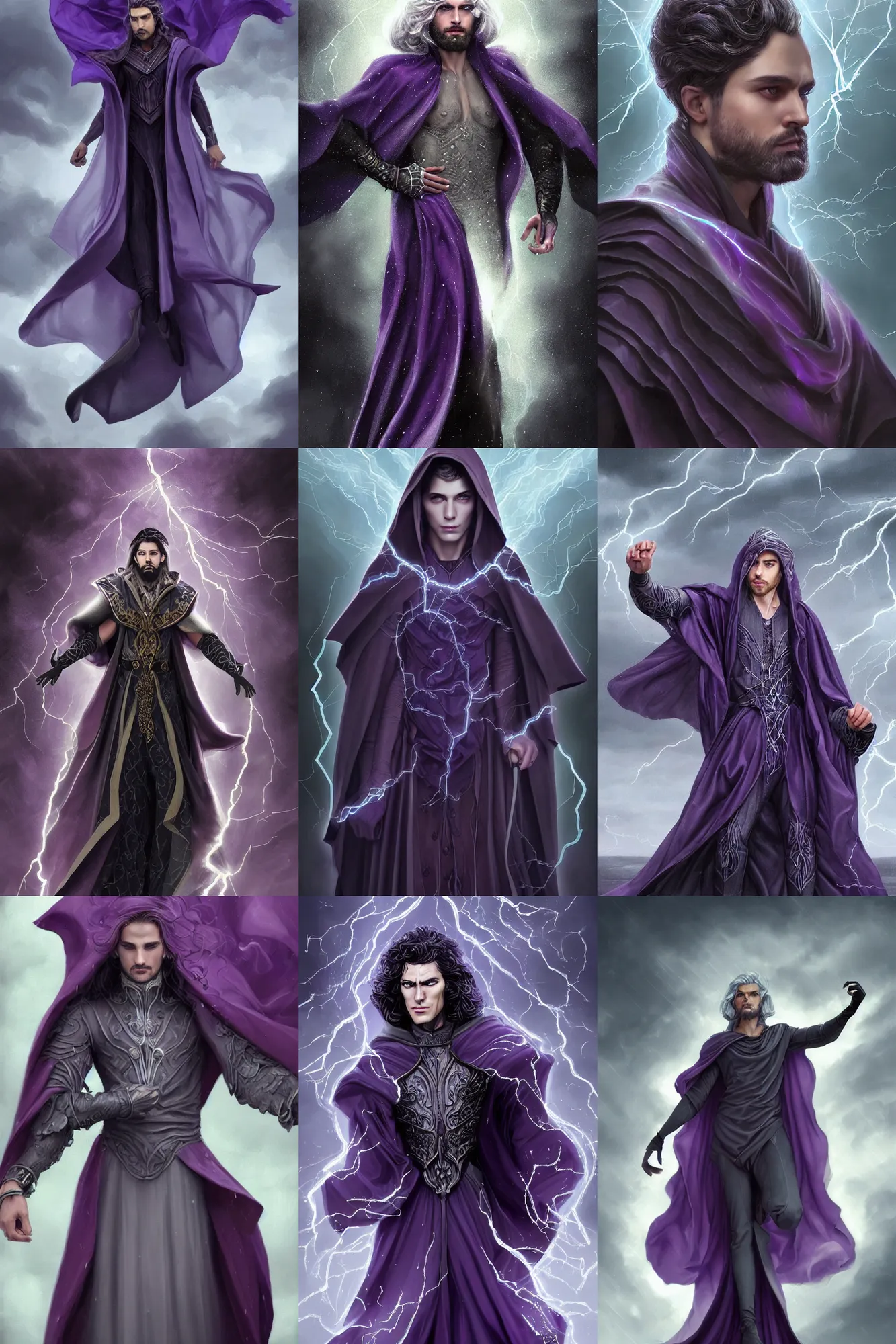 Prompt: Full portrait of Electromancer , male, gorgeous, beautiful face, dark purple garments, grey robes, silver bracelets, transparent cloak from neck to ankles, pin-up, highly detailed, detailed face, storm background, smooth, sharp focus, digital painting, illustration, by by Albert Aublet, Krenz Cushart, WLOP and Sakimichan, artstation, chiaroscuro