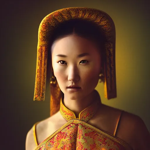 Image similar to photographic portrait of a stunningly beautiful renaissance mongol female in traditional dress in soft dreamy light at sunset, contemporary fashion shoot, by edward robert hughes, annie leibovitz and steve mccurry, david lazar, jimmy nelsson, breathtaking, 8 k resolution, extremely detailed, beautiful, establishing shot, artistic, hyperrealistic, beautiful face, octane render