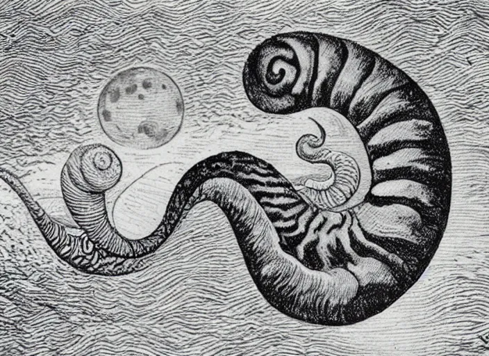 Image similar to a snail on the beach under the moon, by mc escher