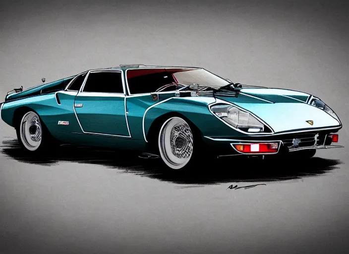 Image similar to a blending, amalgamation and detailed combination of a lamborghini countach, datsun 2 6 0 z and a jaguar e - type, concept art, round headlights, 8 k, highly detailed, trending on art station