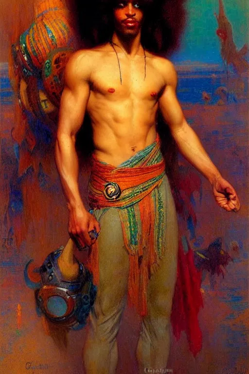 Prompt: attractive male, character design, colorful, afrofuturism, painting by gaston bussiere