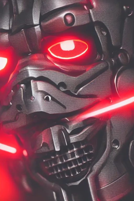 Image similar to closeup shot of a carbon black cyborg, macro shot, dof, cinematic, volumetric lighting, studio shot, red light, 4 k