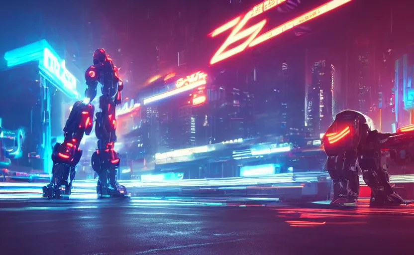 Prompt: macro view of a giant robot of 1 km of hight walking on the small city, tron, close up bokeh hiperrealistic neon glow darkness dramatic neon f - zero ships, sharp focus, octane render, imax