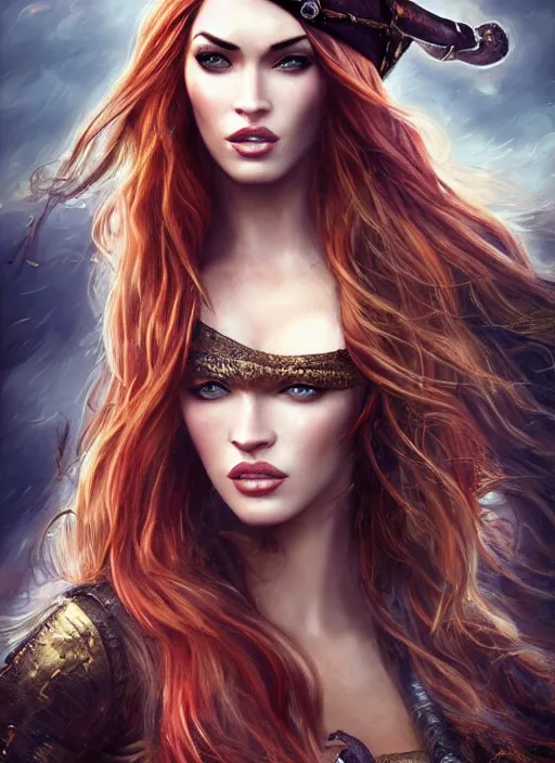 Image similar to megan fox pirate clothes, 8 k, sensual, hyperrealistic, hyperdetailed, beautiful face, long ginger hair windy, dark fantasy, fantasy portrait by laura sava