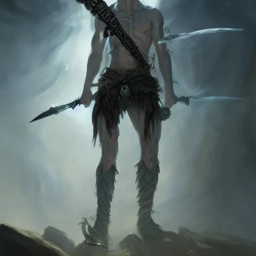 Prompt: wide shot, fantasy painting of a pale man with a black blade covered in runes, painted by Bayard Wu, ultra detailed, 8k