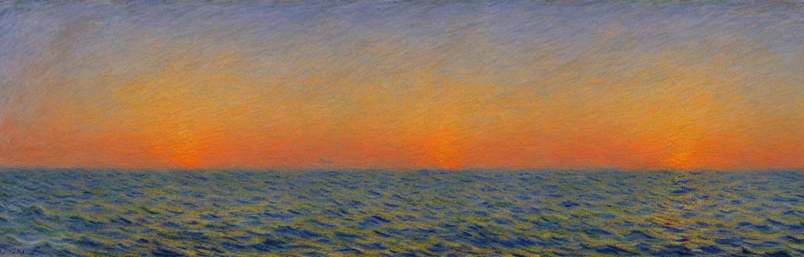 Image similar to An aesthetically pleasing, dynamic, energetic, lively, well-designed digital art of the ocean at sunset, light and shadow, by Claude Monet, superior quality, masterpiece, excellent use of negative space. 8K, superior detail.